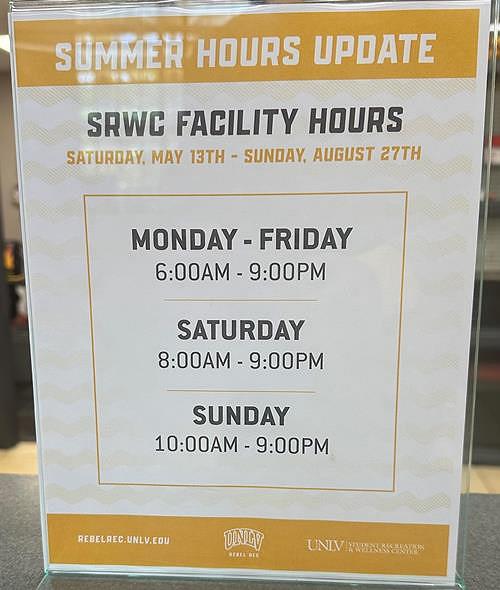 Student Recreation and Wellness Center at UNLV operates on different hours during summer 2023